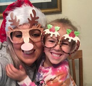 Neive with Mum (sarah) with Christmas themed glasses on